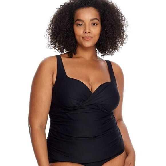 Birdsong Plus Size 22W ECO ONYX Shirred‎ Ruched Underwire Tankini Swim Top Black - Picture 11 of 11